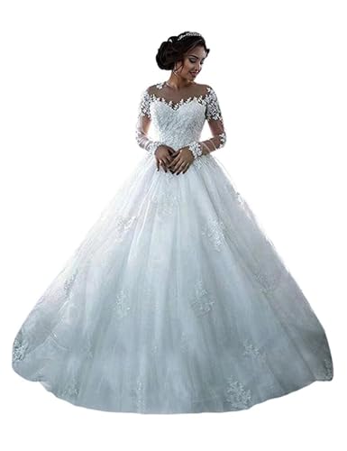 Women's Plus Size Wedding Dresses for Bride Ball Gown Tulle Long Sleeve Lace Applique Bridal Dress with Train White Us18