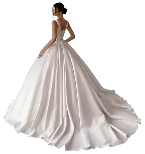 yinyyinhs Spaghetti Straps Wedding Dresses for Women Long Satin A-line Bride Ball Gowns 2026 Square Neck Bridal Wedding Dress for Bride White US4