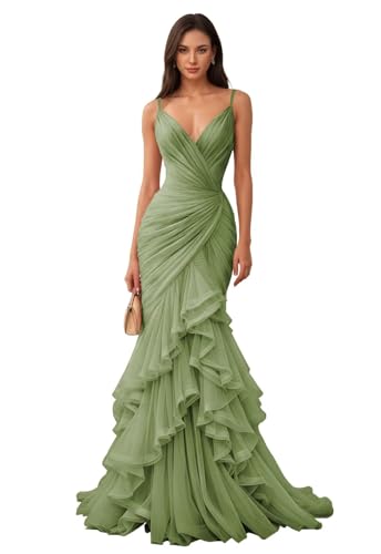 Mermaid Tulle Prom Dress 2026 Spaghetti Strap Formal Evening Gown