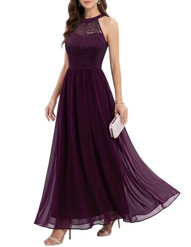 Wedtrend Halter Floral Lace Long Chiffon Wedding Bridesmaid Dress Cocktail Party Evening Gowns Baby Shower Formal Dresses for Teens WT0201GrapeXS