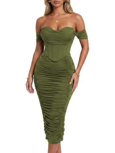 CurvySweet Scarlett Women's Off the Shoulder Faux-Corset Ruched Midi Dress | Built-in Bra, bodycon curve hugging fit, elegant and sexy style, perfect for wedding guest, cocktail party and formal events