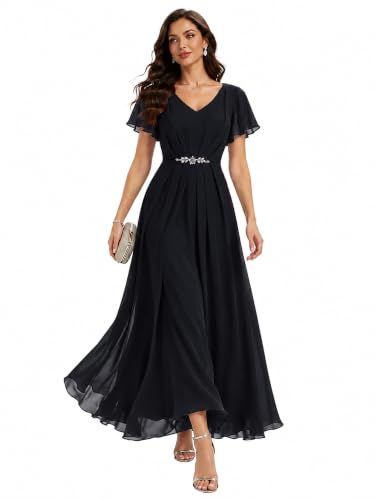 Ever-Pretty Women's Chiffon Maxi Formal Dress Mother of the Bride Dresses | V Neck, Short Sleeve, Rhinestone, Wedding Guest Dress, Evening Gown, Semi Formal Dress, Black US12