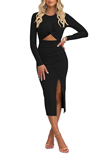 Pink Queen Women's Crew Neck Long Sleeve Midi Dress Cutout Twist Fall Dress