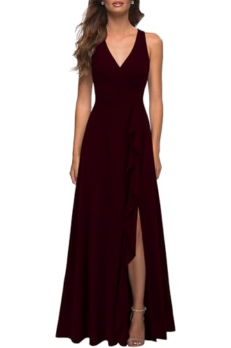 WOOSEA Women's Deep V Neck Sexy Split Evening Cocktail Party Maxi A-Line Long Formal Dress Burgundy