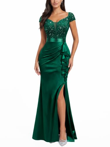 Miusol Women's Vintage V-Neck Slim Ruffle Split Evening Formal Maxi Dress