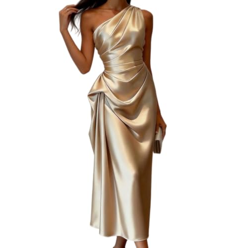 Women's One Shoulder Ruched Satin Formal Maxi Dress (Medium,Champagne)