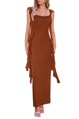 PRETTYGARDEN Women's 2025 Summer Wedding Guest Dress Sleeveless Ruffle Formal Cocktail Party Maxi Bodycon Dresses (Caramel,Small)