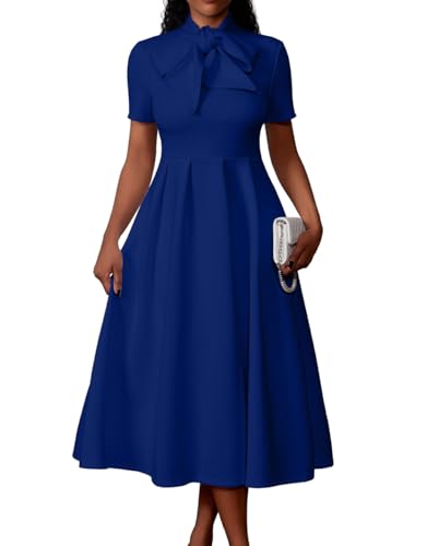 Memoriesea Women's Elegant Casual Short Sleeve Work Party A-Line Dress with Pockets Royal Blue
