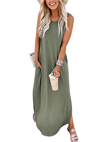 ANRABESS Women Summer Maxi Dress Beach Vacation Sundress Sleeveless Casual Loose Shirt Dresses 2025 Travel Outfits Olive Medium
