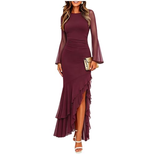 Pagfxmn Women's Ruched Elegant Bodycon Maxi Dress Large Wine Red Long Sleeve Mesh Mermaid Ruffle Cocktail Concert Formal Wedding Guest Party Dresses