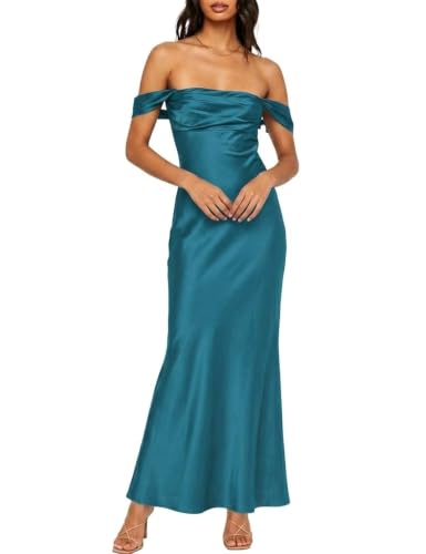 Realtix Satin Off The Shoulder Strapless Bridesmaid Maxi Dress for Women