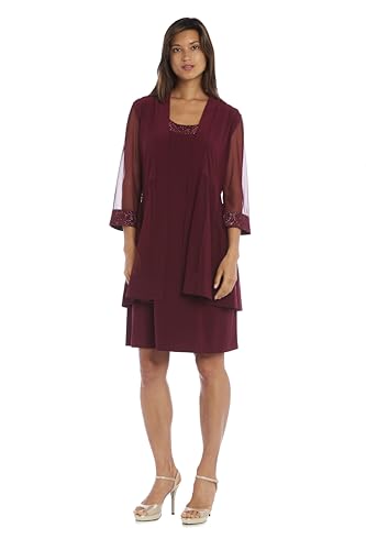 R&M Richards Women's Tailored 2-Piece Pleated Swing Jacket Dress Set with Beaded Neckline & Sheer Sleeve for Formal Occasions