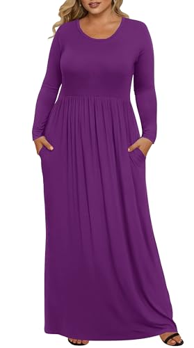 OLRIK Plus Size Maxi Dress Fall 2026 Long Sleeve with Pockets Purple 5X