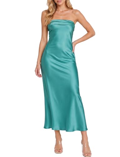Realtix Summer Satin Strapless Backless Maxi Dress for Women Wedding Guest