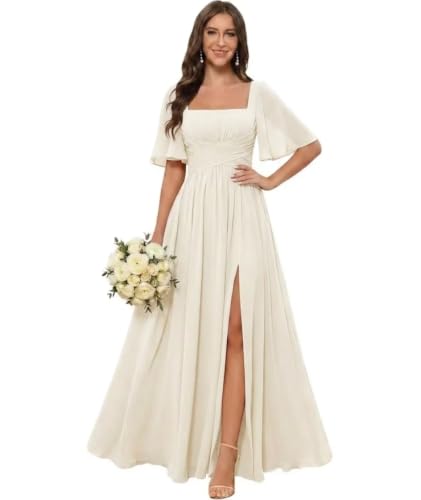 Chiffon Plus Size Bridesmaid Dresses with Slit Flutter Sleeves Formal Dress for Women Ivory Size 18W