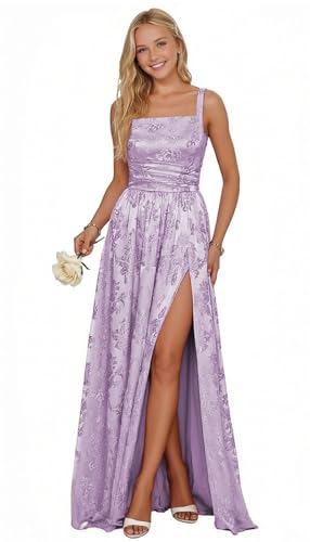 TTYBridal Jacquard Satin Flower Girl Dresses for Wedding Long Bridesmaid Dress for Teens A line Ruched Formal Party Gowns Lavender 14