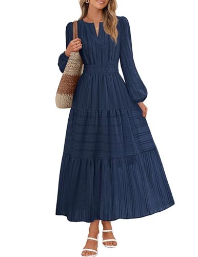 MEROKEETY Womens Puff Long Sleeve V Neck Midi Maxi Dress, Navy, Small