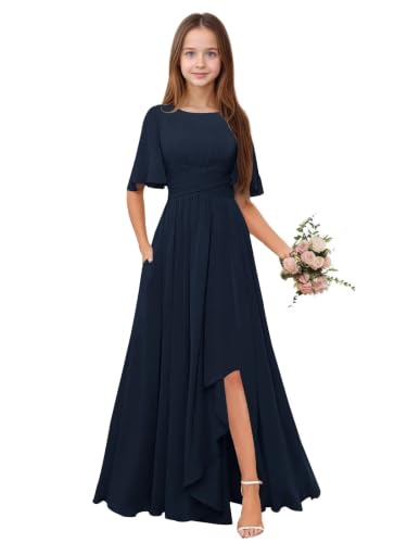 Qgeno Girls Chiffon Jr Bridesmaid Dresses Size 10-12 Flutter Sleeve Navy Blue A Line Formal Flower Girl Dress Long with Slit