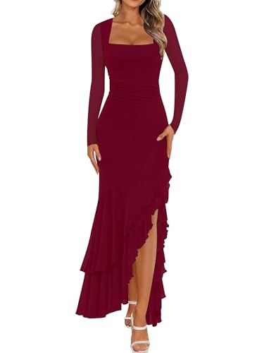 Women's Bodycon Fall Wedding Guest Long Sleeve Maxi Dress,XL,Wine Red