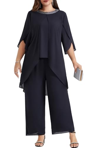 Hanna Nikole Plus Size Women's Wedding Chiffon Pant Suit Elegant Irregular Hem Overlay 2 Piece Set Mother of Bride Wear Dark Gary 20W