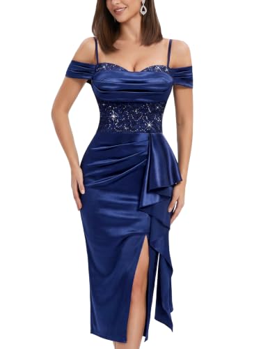 Miusol Women's Off Shoulder V-Neck Sequin Lace Ruffle Bride Party Dress
