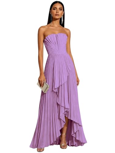 Strapless Pleated Bridesmaid Dresses for Women Hi-Lo Chiffon Formal Gowns | Wisteria Formal Dresses for Women Elegant A-line Strapless Ruched Ruffles Slit Hi-Lo Long Bridesmaid Dresses US6