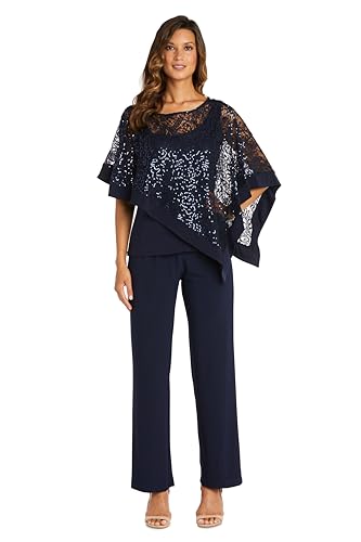 R&M Richards Elegant 2-Piece Sequin Lace Poncho Top & Pant Set - Women's Evening Outfit