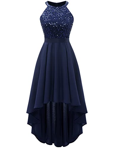 Dressystar Women's Sequin Halter Cocktail Prom Dresses Hi-Lo Sparkly Glitter Homecoming Bridesmaid Wedding Dress Navy L