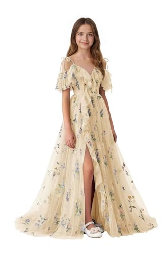 Long Junior Bridesmaid Dresses Tulle Champagne Flower Girl Dress V Neck Flower Embroidery Evening Dresses for Girls 8-10