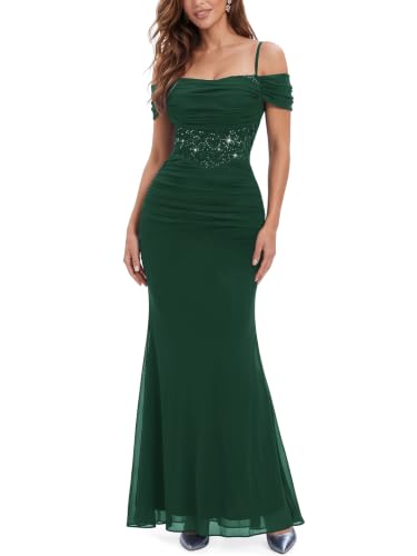 Miusol Women's Retro Off Shoulder Mesh Lace Formal Maxi Dress Dark Green