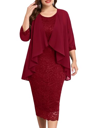 TIARALY Plus Size Mother of the Bride Groom 2 Piece Suit Lace Dress with Chiffon Jacket Elegant Set Formal Wedding Guest, Burgundy, 3X