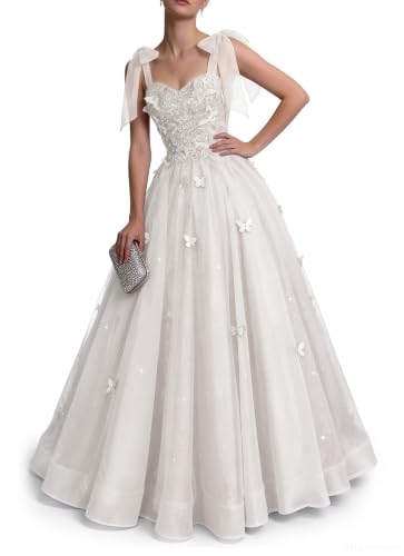 Ivory Bow Tie Prom Dresses Ball Gown with Butterflies Sparkly Tulle Ball Gowns for Women Formal Lace Appliques Wedding Dress US6