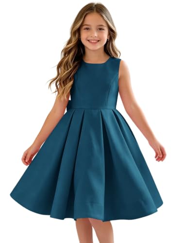Heineyo Bowknot Satin Junior Bridesmaid Dress Girls Short Backless Spaghetti Strap Evening Party Ball Gown Wedding Teal A-Line Sleeveless Flower Girl Dresses US14