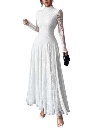 High Neck Lace Dress for Women Long Sleeve Wedding Dress White S