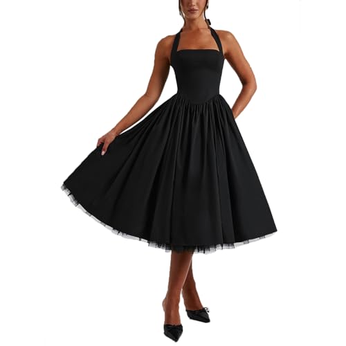 Women Summer Halter Dress Low Cut Sleeveless A Line Tulle Swing Flowy Tea Length Dress Corset Prom Formal Ball Gowns (Black, X-Large)