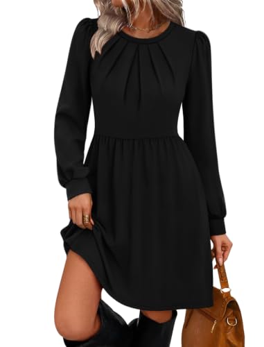 WIHOLL Womens Fall Work Dress Long Sleeve A Line Black Dress with Pockets