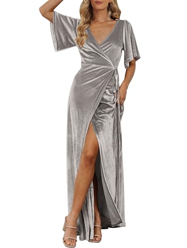 MEROKEETY Womens Wrap V Neck Velvet Maxi Dress, Silvery, S