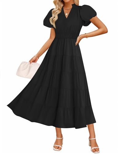 ZESICA Womens Summer Casual Ruched Ruffle Tiered Maxi Dress Black L