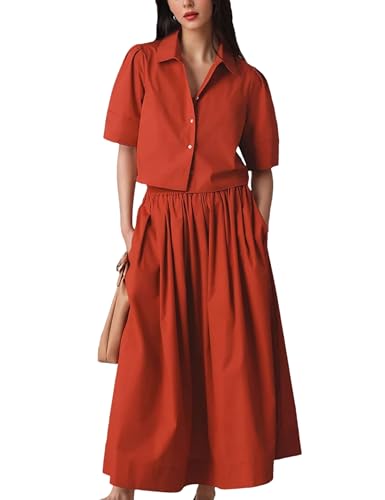 Wanzetaly Womens 2 Piece Outfits Summer Skirt Set Button Short Sleeve Tops and Maxi Skirt Dress Sets with Pockets(0566-Red-S)