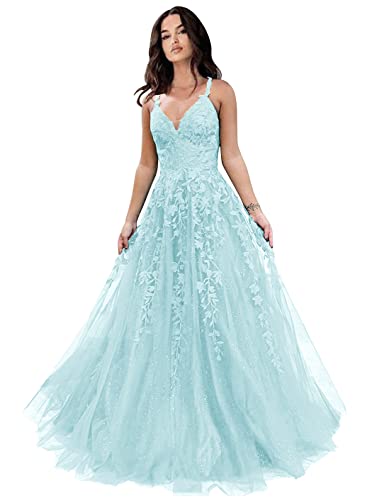 Chicbridal Glitter Tulle Prom Dresses Women Lace Appliques Long Ball Gwons with Spaghetti Straps A-Line Evening Dresses 2023 Baby Blue US0