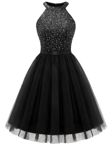 Dressystar Women's Sparkly Sequin Short Homecoming Dress Black L