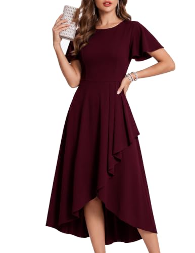 Wedtrend Tea Length A-Line Ruffle Church Dinner Party Dress Burgundy S | Fancy Modest Flutter Sleeves Homecoming Business Special Occasions Vacation Dress Womens Work formal Outfit for Women 2026