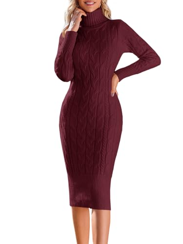 Fangetey Womens Turtleneck Sweater Dress Knit Bodycon Fall Winter Dresses | Long Sleeve,High Neck,Midi,Sheath,Jumper,Cable Knit,Long Sweater,Maternity Dress,Casual,Chunky,Warm