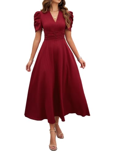 Krumba Women V-Neck Midi Dress: Puff Sleeve Empire Waist Red M | Lightweight Texture Fabric, Wedding Guest, Vacation Style, Brunch Date, Evening Occasion, Church Events, Easy All-Day Comfort