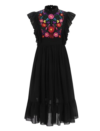 ABEHIK Mexican Embroidered Dress for Women Traditional Flutter Sleeve Casual Summer Floral Cinco De Mayo Fiesta Outfit Dance Beach Vacation Wedding Party Ruffled Neck Midi Dresses Black S