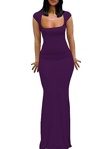 Womens Purple Summer Cap Sleeve Square Neck Bodycon Tight Lounge Mermaid Streetwear Party Maxi Dresses M
