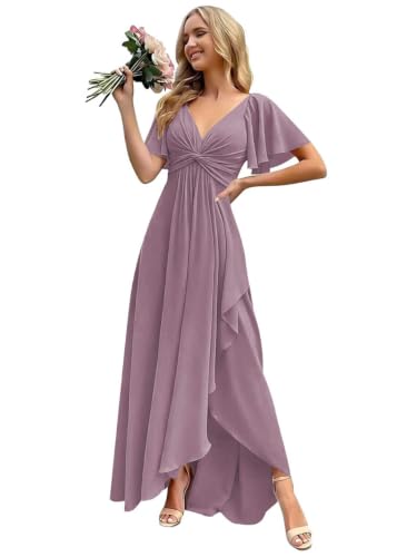 Vpkrtf Long Ruffle Wisteria Bridesmaid Dresses for Women with Slit Short Sleeve V Neck Ruched Chiffon Modest Formal Gown Evening Wedding Guest Dress Size 6