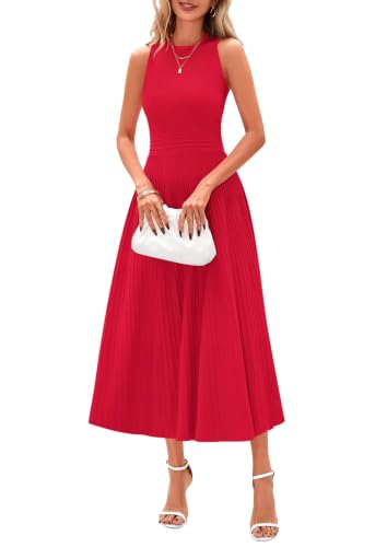 PRETTYGARDEN Women's Summer Pleated Midi Work Dress,Red,M | Sleeveless A Line Knit Business Dresses, Spring Semi Formal Long Dress for Wedding Guest, Cocktail Party, Teacher Outfits
