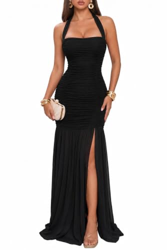 Memoriesea Women's High Slit Halter Tie Ruched Mesh Cocktail Wedding Guest Maxi Dress Black