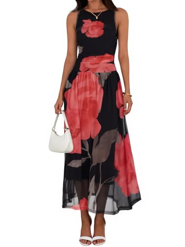 Wenrine Womens Summer Floral Maxi Dress Sleeveless A Line Beach Tank Dress